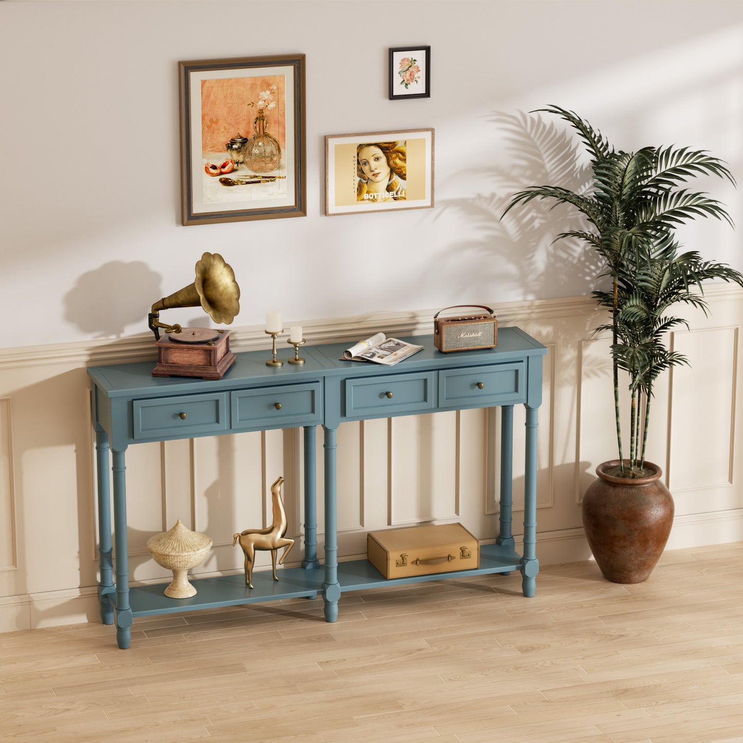 Ychoiceme 58" Farmhouse Console Sofa Table w/Storage Shelves, Drawers & Bottom Shelf, EntrywayTable for Living Room Bedroom Hallway,Easy to Assemble, Navy Blue