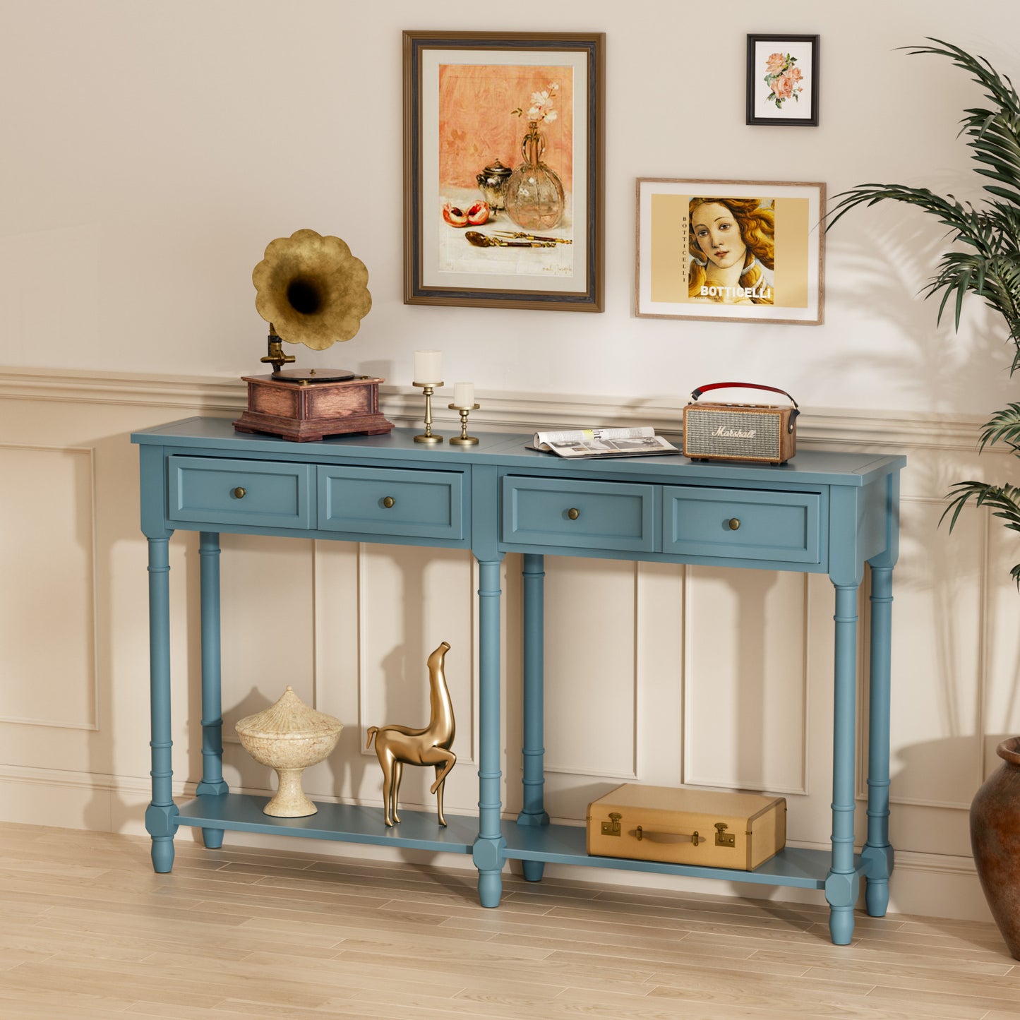 Ychoiceme 58" Farmhouse Console Sofa Table w/Storage Shelves, Drawers & Bottom Shelf, EntrywayTable for Living Room Bedroom Hallway,Easy to Assemble, Navy Blue