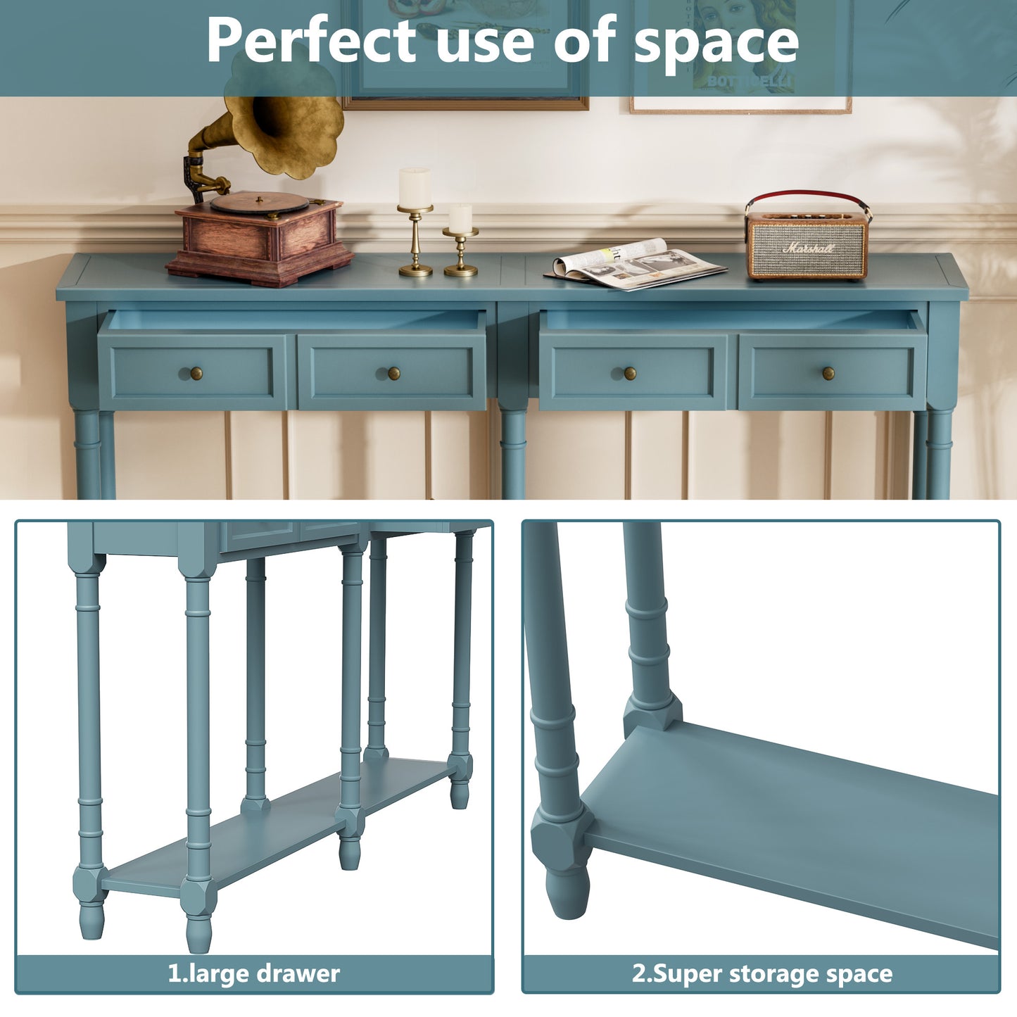 Ychoiceme 58" Farmhouse Console Sofa Table w/Storage Shelves, Drawers & Bottom Shelf, EntrywayTable for Living Room Bedroom Hallway,Easy to Assemble, Navy Blue