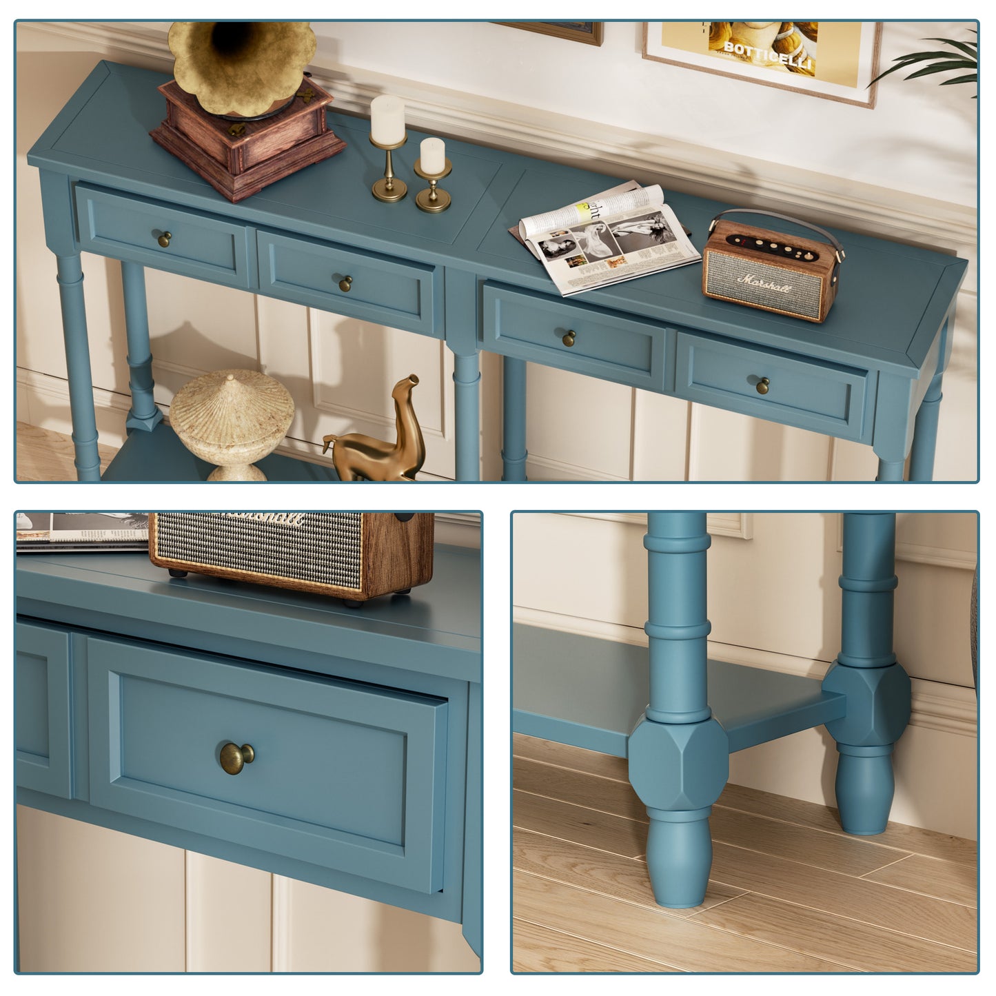 Ychoiceme 58" Farmhouse Console Sofa Table w/Storage Shelves, Drawers & Bottom Shelf, EntrywayTable for Living Room Bedroom Hallway,Easy to Assemble, Navy Blue