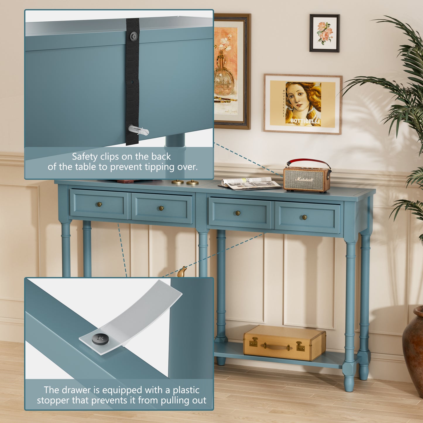 Ychoiceme 58" Farmhouse Console Sofa Table w/Storage Shelves, Drawers & Bottom Shelf, EntrywayTable for Living Room Bedroom Hallway,Easy to Assemble, Navy Blue